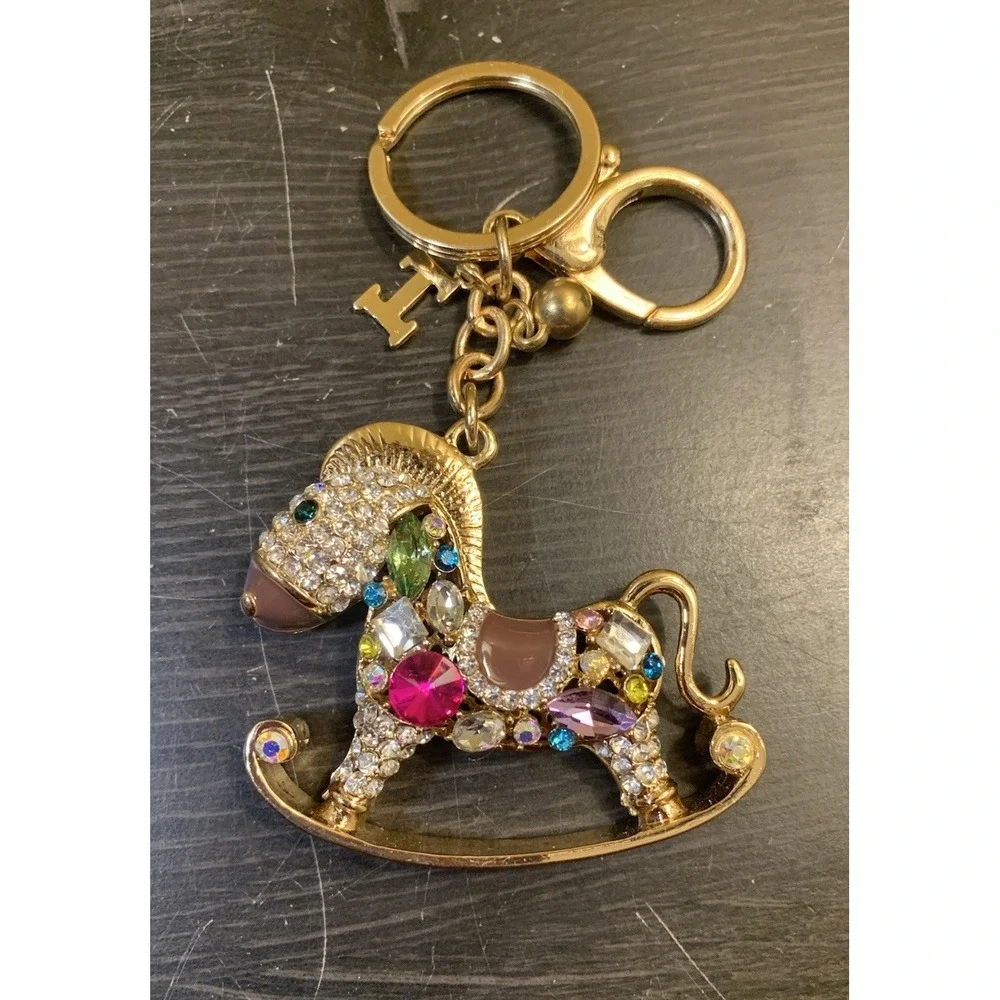 Gold Tone Rhinestone Rocking Horse Keychain Crystal Bag Charm Accessory